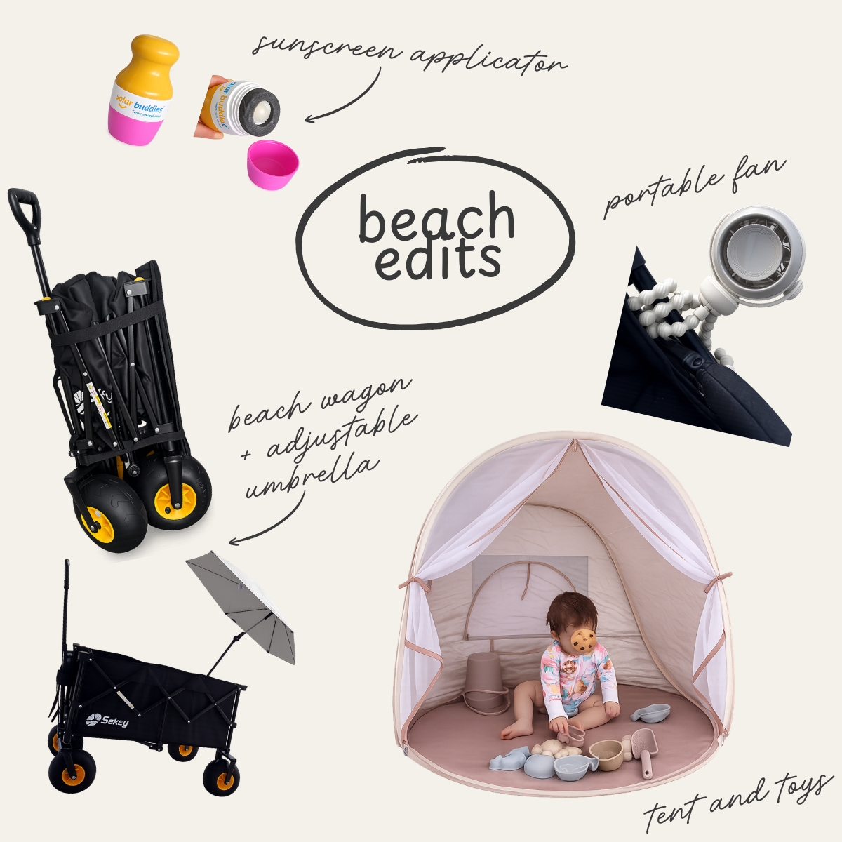 Baby beach essentials including shade, toys, cooling, and beach-day gear.