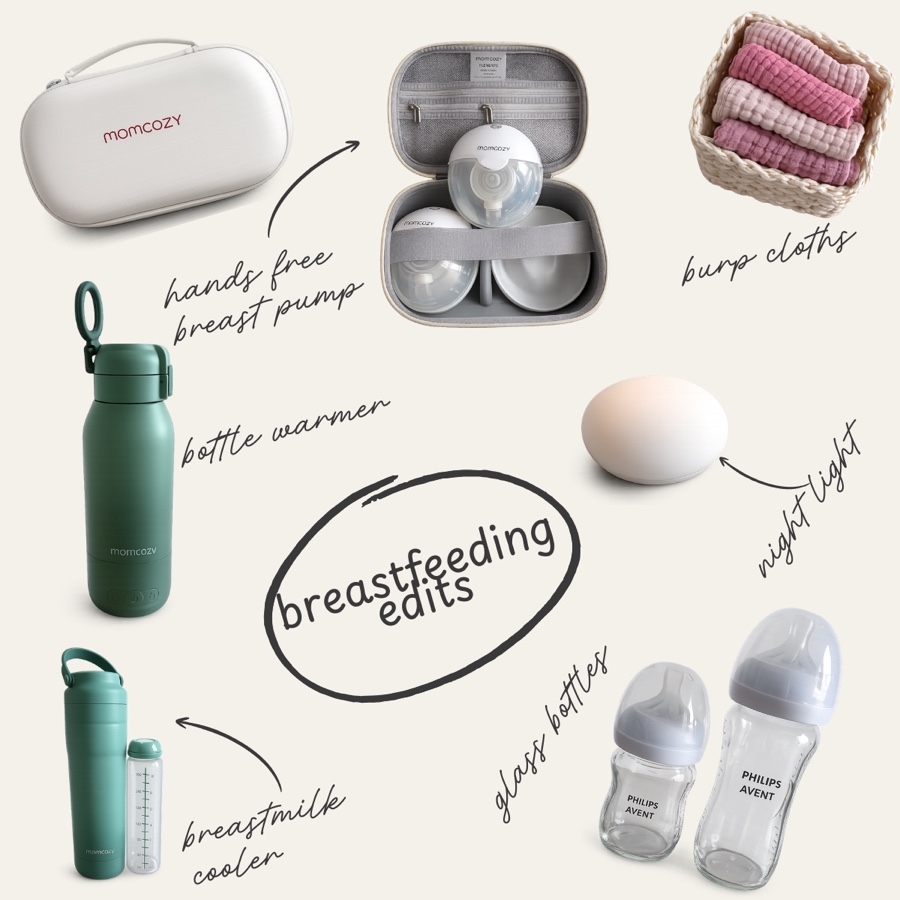 Breastfeeding essentials collage with a hands-free breast pump, burp cloths, bottle warmer, night light, breastmilk cooler, and glass bottles.