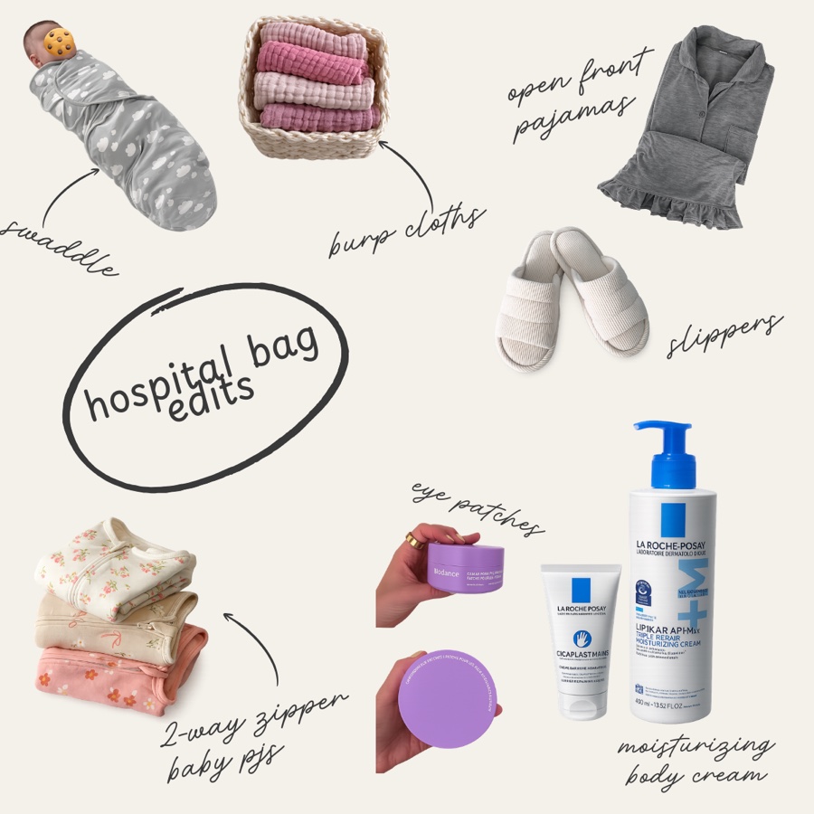 Hospital bag essentials for mom and baby, including pajamas, slippers, swaddles, burp cloths, baby pajamas, eye patches, and moisturizing cream.