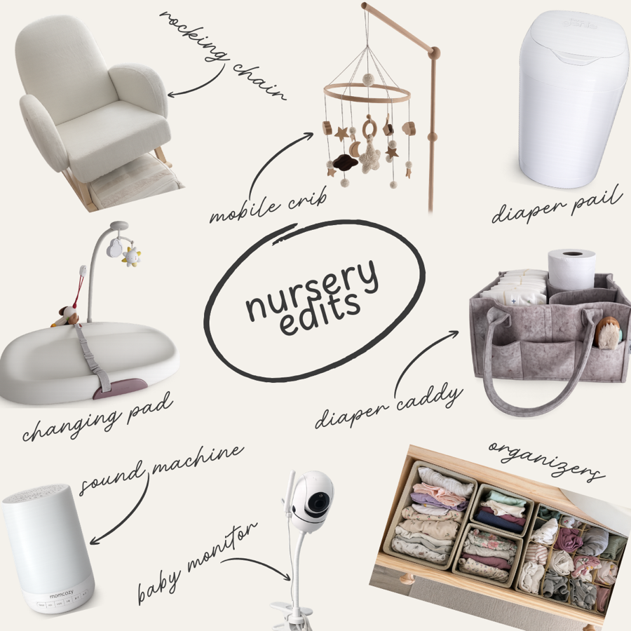Nursery edits collage with a rocking chair, crib mobile, diaper pail, changing pad, diaper caddy, sound machine, baby monitor, and organizer.