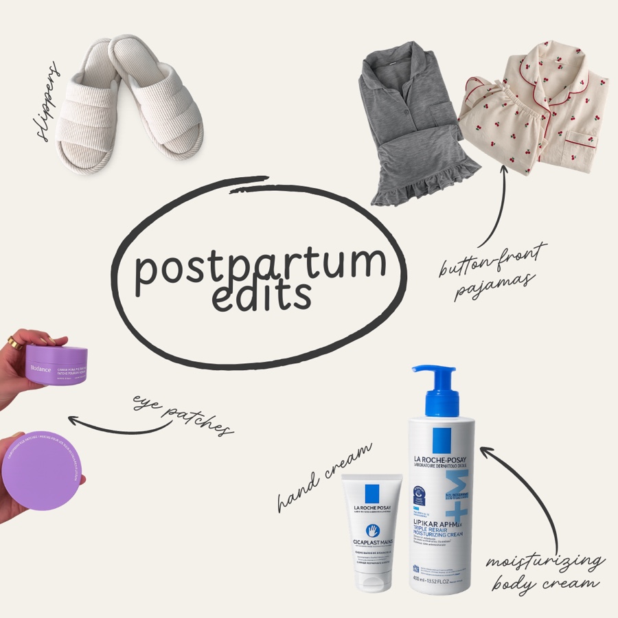 Postpartum edits featuring slippers, pajamas, eye patches, hand cream, and moisturizing body cream.